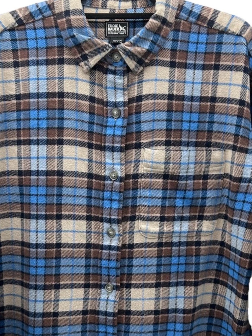 Eddie Bauer Blue, Brown & Cream Plaid Button-Down Flannel Shirt